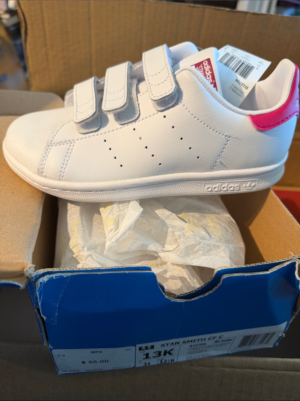 adidas Kids White Leather Sneakers with Pink Heel Accent